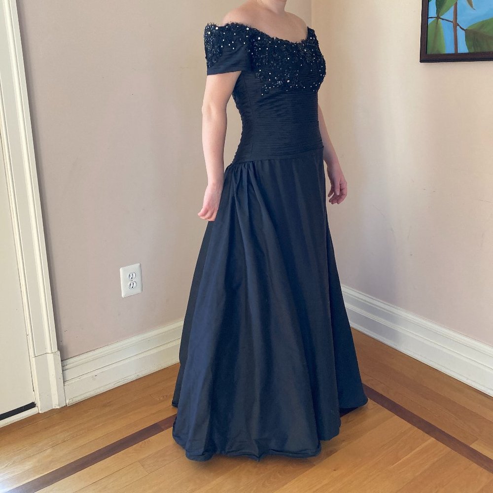 Black, Silk Dress with Silver, Beaded Embroidery by Vasarri - Picture 4 of 14